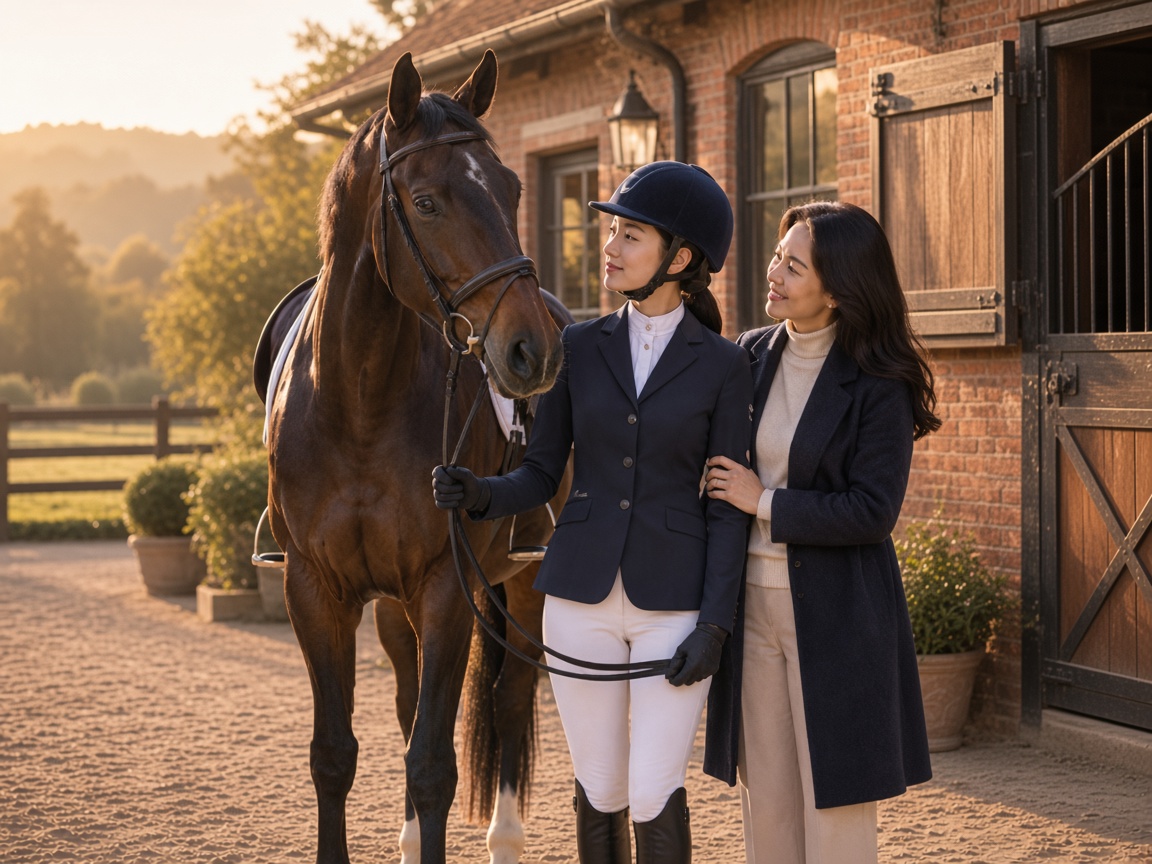 Young rider and parent with a bay horse at the stables