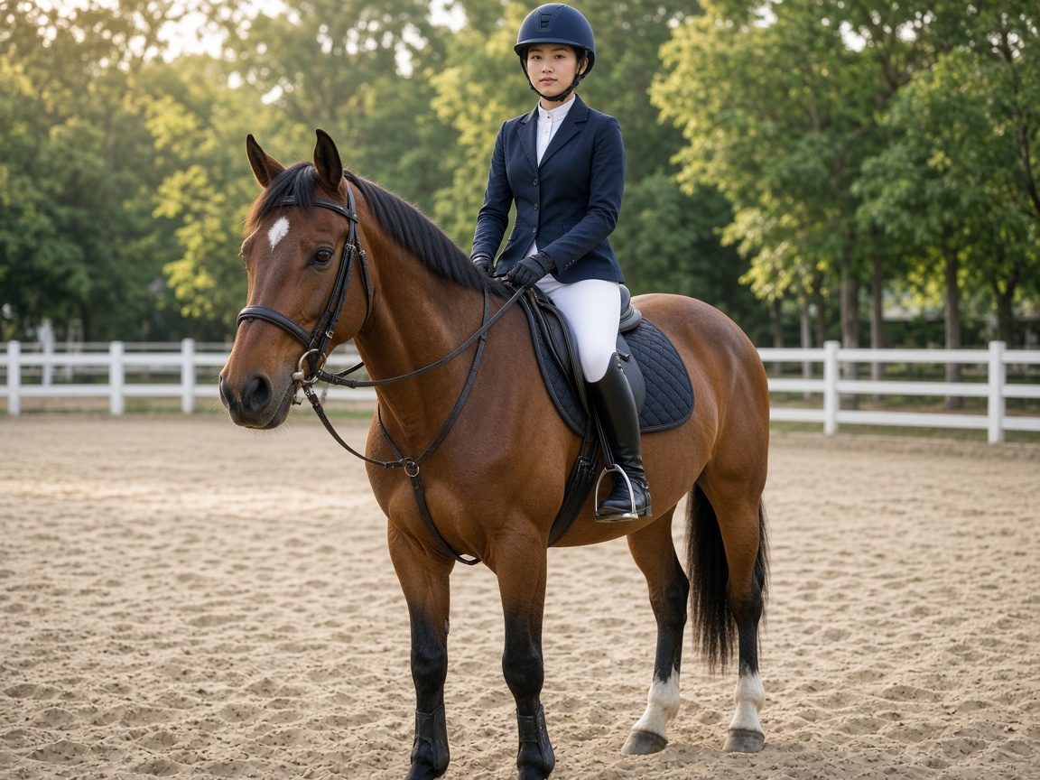 Young rider mounted on a bay horse in the arena