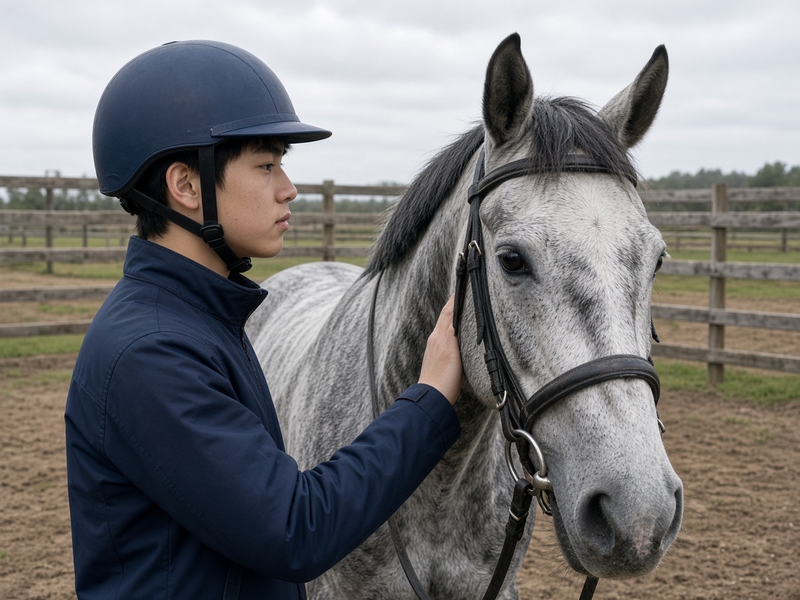 Young rider standing with a grey horse