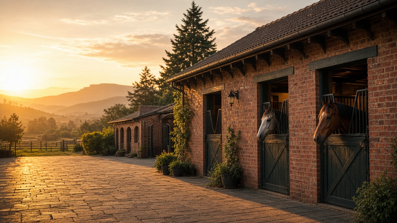 Brick stables and horses at the yard