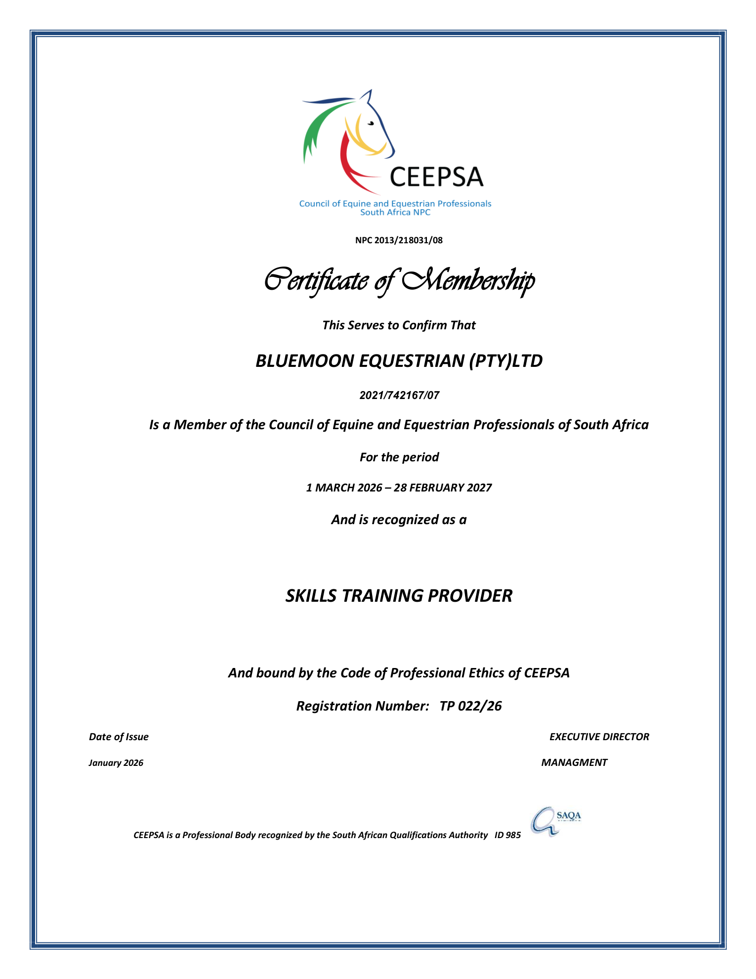 CEEPSA membership certificate for Bluemoon Equestrian (Pty) Ltd, 1 March 2026 to 28 February 2027