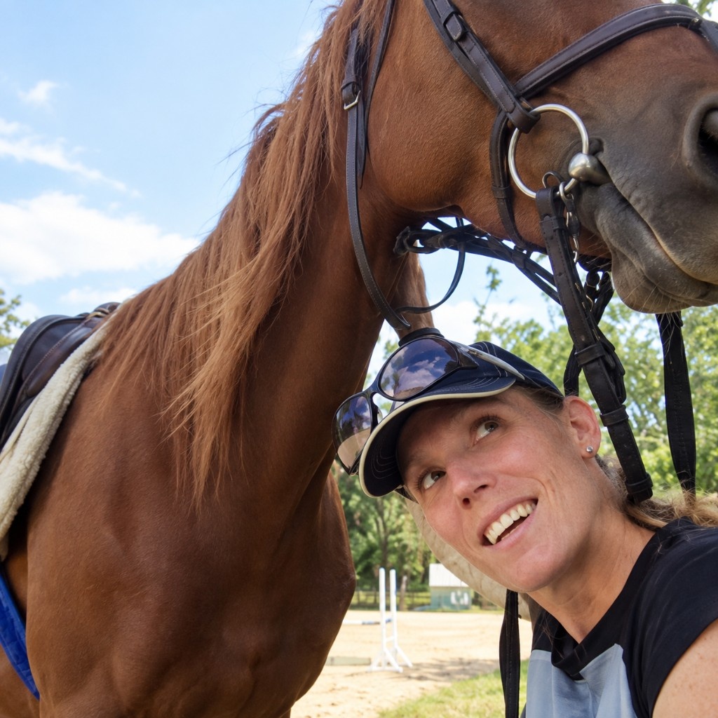 Coach beside a chestnut horse