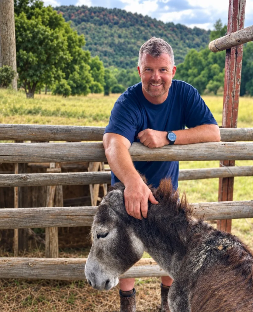 Craigh Ramsden with a donkey at the rail