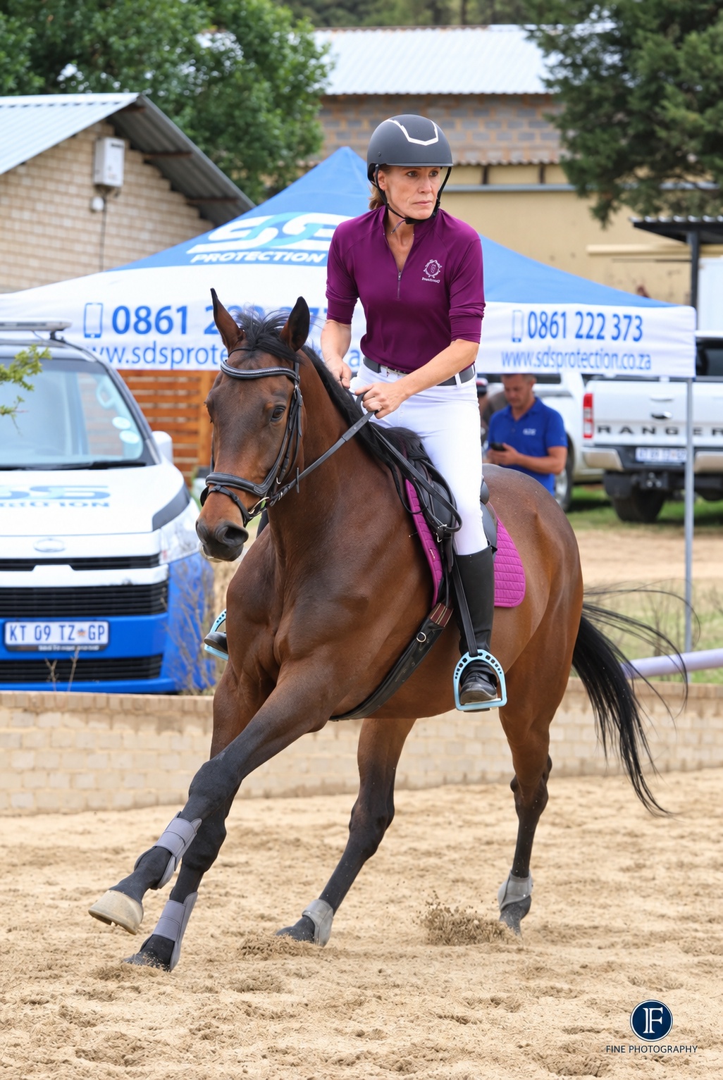 Rider schooling a bay horse in the arena