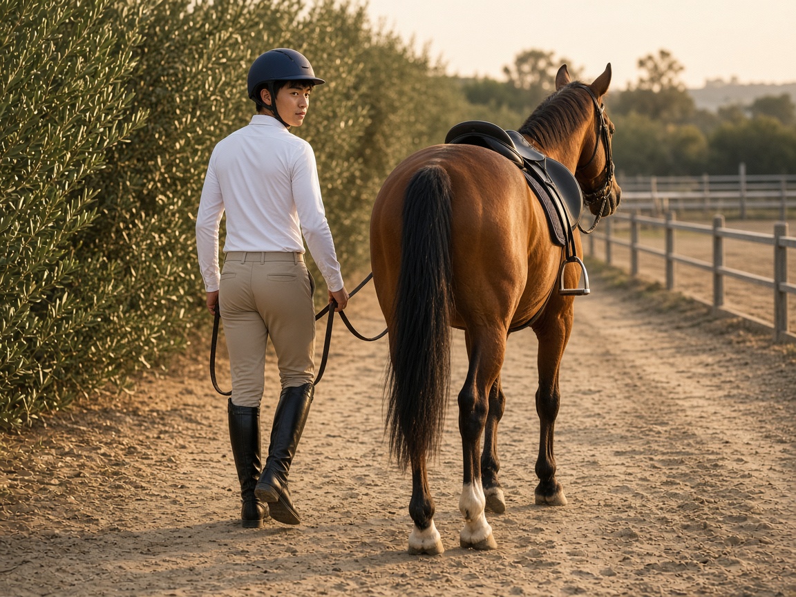 Young rider leading a chestnut horse toward the arena